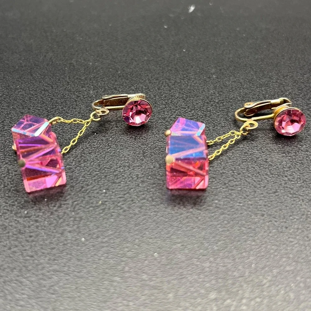 Vintage Pink AB Crystal‎ Cube Clip On Earrings Mid Century Geometric Drop 2